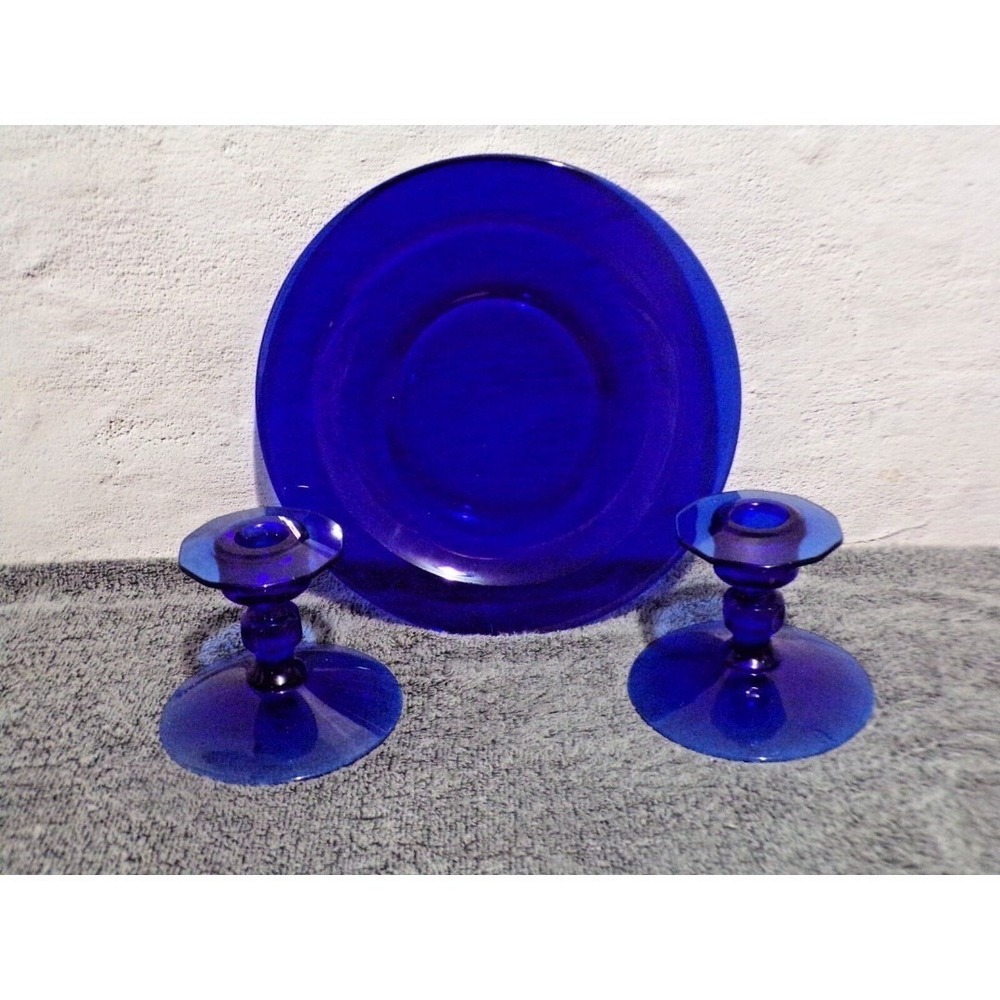 Vintage Cobalt Blue Candle Holders & Plate Center Pieces